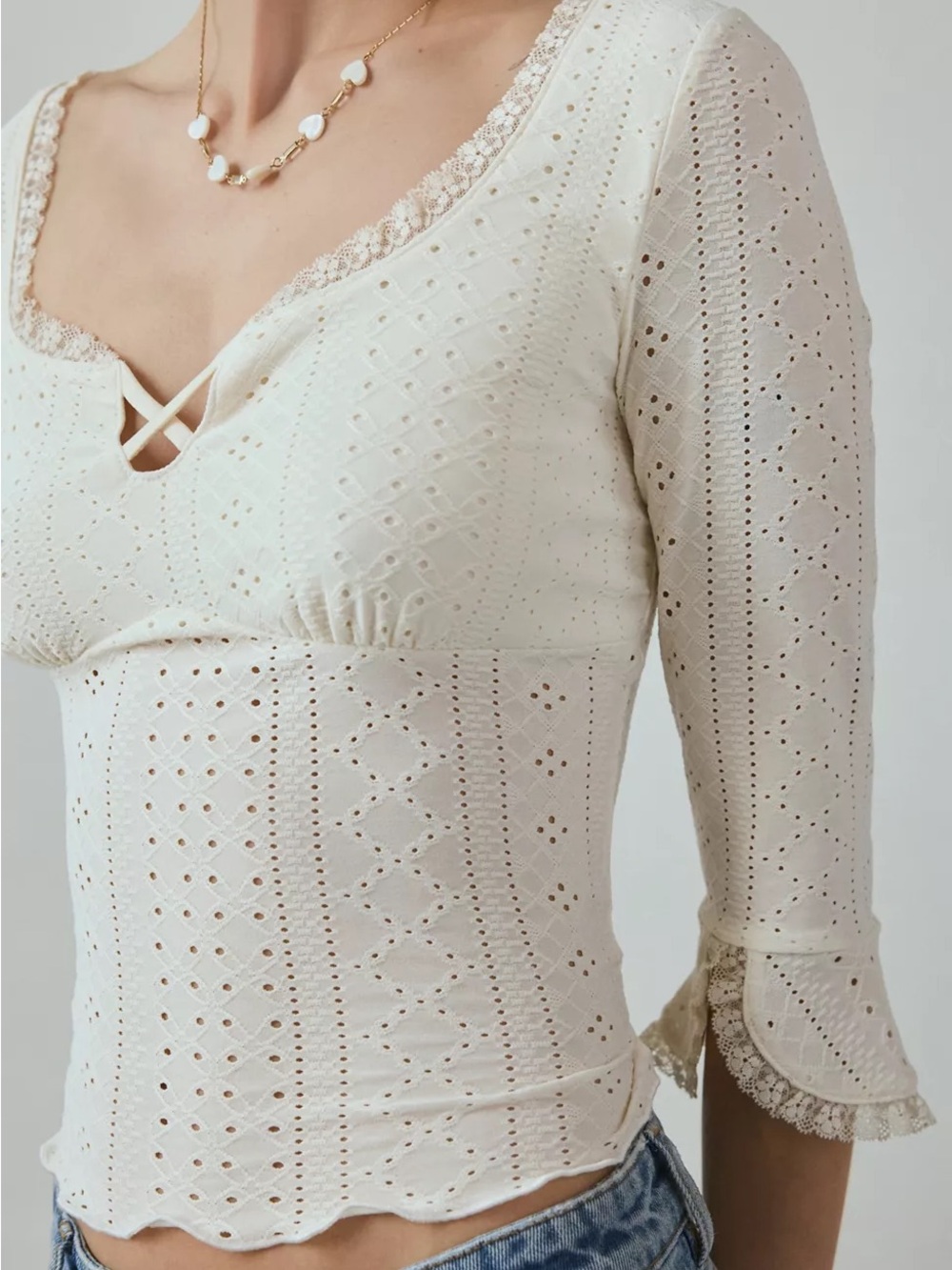 Kimchi Blue Cream Eyelet Lace Trim Square Neck Top